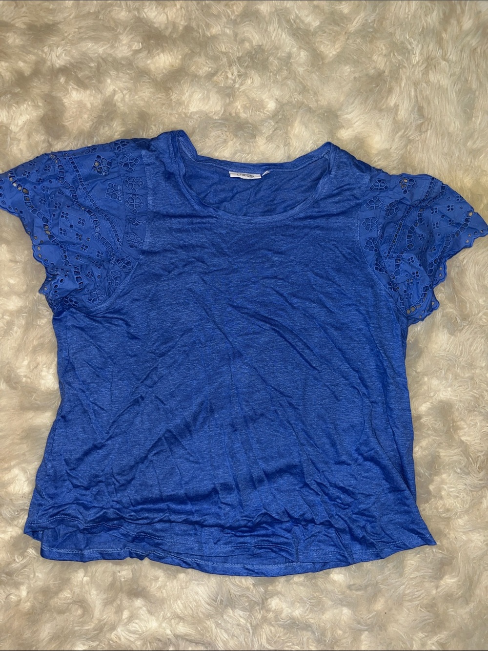 Chico's Royal Blue Short Sleeve Tee with Lace Cap Sleeves